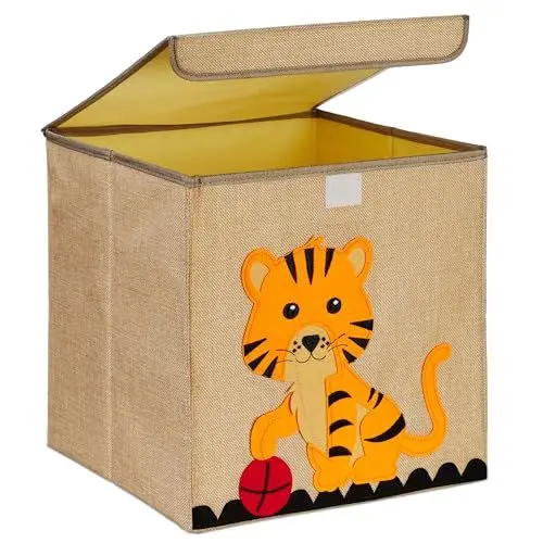 Produktbild: Relaxdays Aufbewahrungsbox, Tiger-Motiv, Stoffbox für Kinder, faltbar, HBT: 33 x 33 x 33 cm, Spielzeugbox, beige/orange