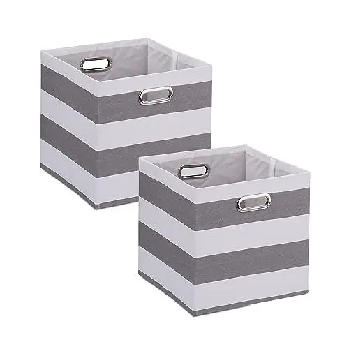 Produktbild: Relaxdays Aufbewahrungsbox aus Stoff, 2er Set, mit Streifen, HBT: 30,5 x 30,5 x 30 cm, Faltbarer Regalkorb, grau/weiß