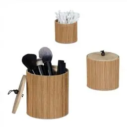 Produktbild: Relaxdays Aufbewahrungsbox mit Deckel, 3er Set, rund, Bambus, versch. Größen, Pinsel & Kosmetik, Ordnungshelfer, Natur