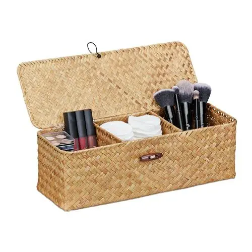 Produktbild: Relaxdays Aufbewahrungsbox mit Deckel, Seegras Korb mit 3 Fächern, Bad Aufbewahrung, HBT 11 x 33 x 12,5 cm, Kiste, Natur