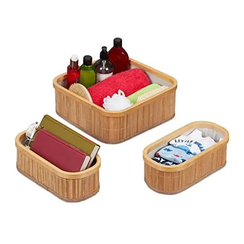 Produktbild: Relaxdays Aufbewahrungskorb 3er Set, Badkörbe in 2 Größen, Bambus & Polyester, stapelbar, für alle Räume, natur/creme
