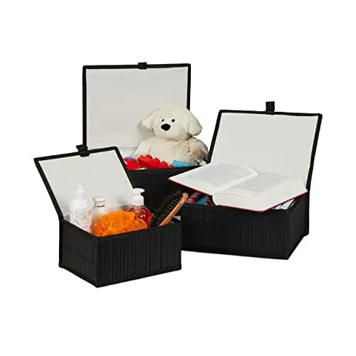 Produktbild: Relaxdays Aufbewahrungskorb 3er Set, Deckel & Stoffeinsatz, Bambuskorb, dekorative Aufbewahrungsbox, 3 Größen, schwarz, 15 x 33 x 25,5 cm