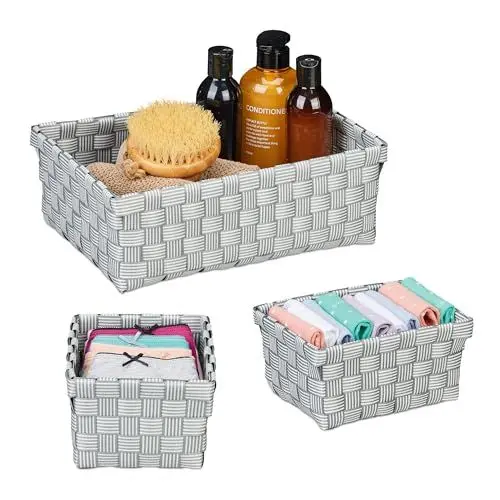 Produktbild: Relaxdays Aufbewahrungskorb 3er Set, Körbchen in 2 Größen, geflochten, Kunststoff, Metallrahmen, Badkörbchen, grau/weiß