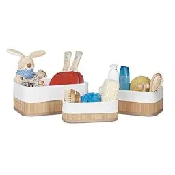 Produktbild: Relaxdays Aufbewahrungskorb 3er Set, Stoffbezug, Bambus, rechteckig, Bad, Accessoires, Spielzeug, Allzweckkorb, natur, 20 x 30 x 13 cm