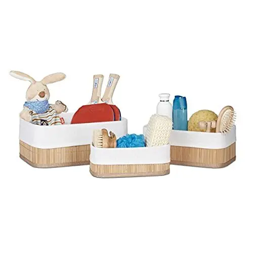 Produktbild: Relaxdays Aufbewahrungskorb 3er Set, Stoffbezug, Bambus, rechteckig, Bad, Accessoires, Spielzeug, Allzweckkorb, natur, 20 x 30 x 13 cm