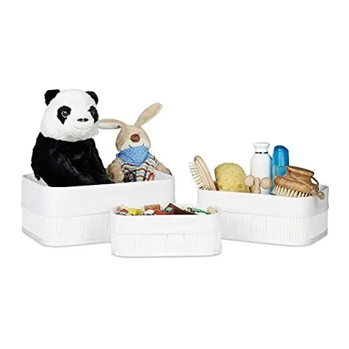 Produktbild: Relaxdays Aufbewahrungskorb 3er Set, Stoffbezug, Bambus, rechteckig, Bad, Accessoires, Spielzeug, Allzweckkorb, weiß, 20 x 30 x 13 cm