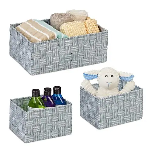 Produktbild: Relaxdays Aufbewahrungskorb 3er Set, Verschiedene Größen, Körbchen geflochten, Badezimmer, Dekokorb, Kunststoff, grau