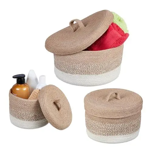 Produktbild: Relaxdays Aufbewahrungskorb 3er Set aus Jute, Körbchen rund, Bad Organizer, 3 Verschiedene Größen, Regalkorb, braun/weiß