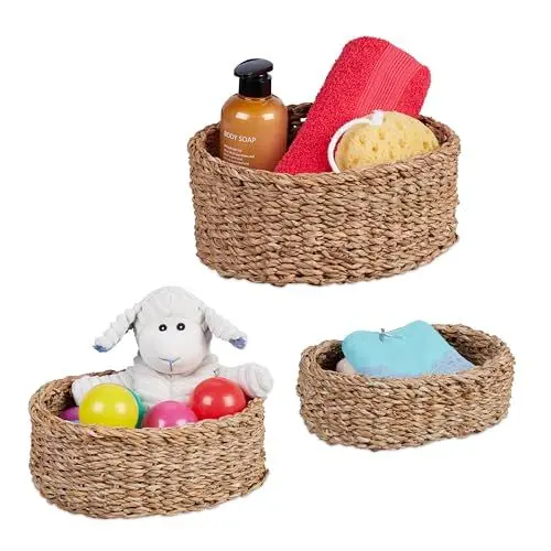 Produktbild: Relaxdays Aufbewahrungskorb 3er Set aus Seegras, Flechtkorb oval, Bad Organizer, 3 versch. Größen, Regalkorb, Natur