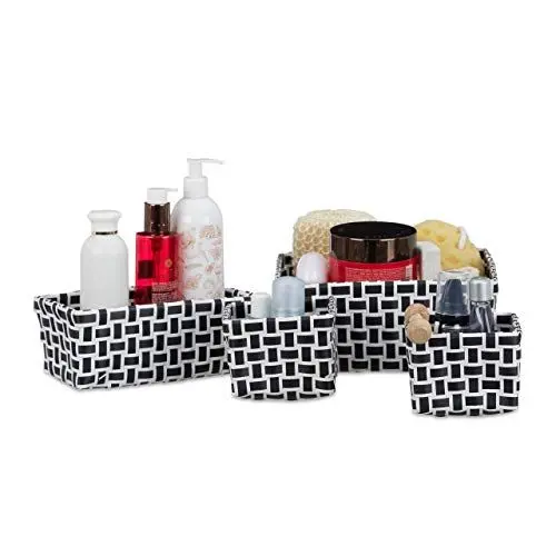 Produktbild: Relaxdays Aufbewahrungskorb 4er Set, Körbchen 3 Größen, geflochten, Korb Badezimmer, Dekokorb Kunststoff, weiß-schwarz, 22 x 22 x 10 cm