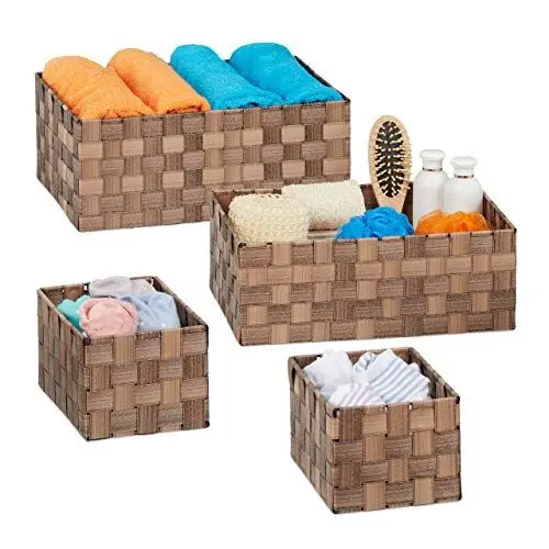 Produktbild: Relaxdays Aufbewahrungskorb 4er Set, geflochten, Körbchen Badezimmer, eckig, 3 Größen, Kunststoff, Flechtkorb, braun