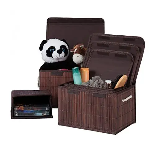 Produktbild: Relaxdays Aufbewahrungskorb 5er Set, mit Deckel, aus Bambus, für Badezimmer, Spielzeug, Deko, Aufbewahrungsbox, braun