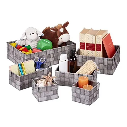 Produktbild: Relaxdays Aufbewahrungskorb, 6er Set, 4 Größen, Körbchen in Holzoptik, geflochten, Schrank & Regal, Kunststoff, grau