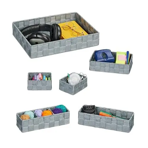 Produktbild: Relaxdays Aufbewahrungskorb 6er Set, Körbchen in 4 Größen, geflochten, Kunststoff, Metallrahmen, Körbe Badezimmer, grau