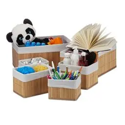 Produktbild: Relaxdays Aufbewahrungskorb 6er Set, mit Stoffbezug, Bambus, rechteckig, Bad, Accessoires, dekorativer Organizer, natur