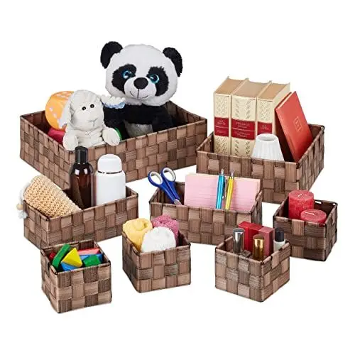 Produktbild: Relaxdays Aufbewahrungskorb, 8er Set, 4 Größen, Körbchen in Holzoptik, geflochten, Schrank & Regal, Kunststoff, braun, 10,5 x 35,5 x 26 cm