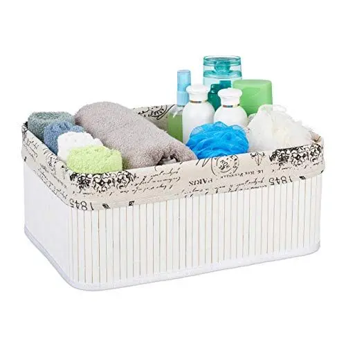 Produktbild: Relaxdays Aufbewahrungskorb, Stoffbezug mit Retro-Print, Bambus, rechteckig, Bad Regalkorb HBT 16,5x38x28,5 cm, weiß
