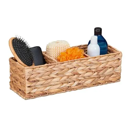Produktbild: Relaxdays Aufbewahrungskorb Wasserhyazinthe, 3 Fächer, Badezimmer Aufbewahrung, HBT: 13 x 42,5 x 15 cm, Körbchen, natur