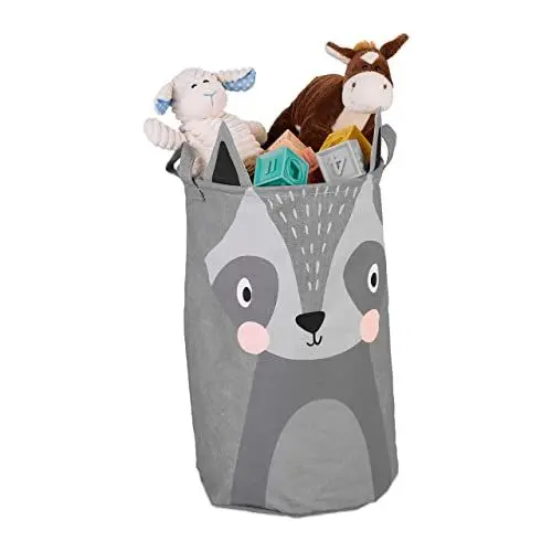 Produktbild: Relaxdays Aufbewahrungskorb für Kinder, Waschbär-Motiv, faltbar, H x D: 55 x 33 cm, Spielzeugkorb mit Henkeln, grau