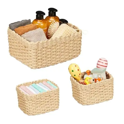 Produktbild: Relaxdays Aufbewahrungskorb geflochten, 3er Set, 2 Größen, Badkorb, Schrank & Regal, Papierseil, Dekokörbe, Hellbraun