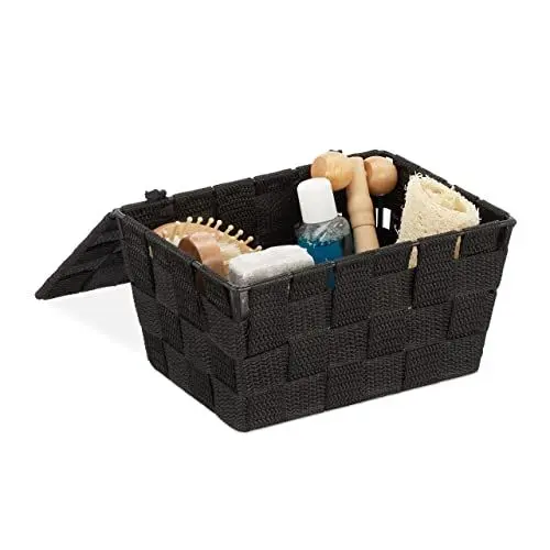 Produktbild: Relaxdays Aufbewahrungskorb mit Deckel, Flechtoptik, Bad Organizer HxBxT: 10,5 x 19,5 x 14,5 cm, Kunststoff, schwarz