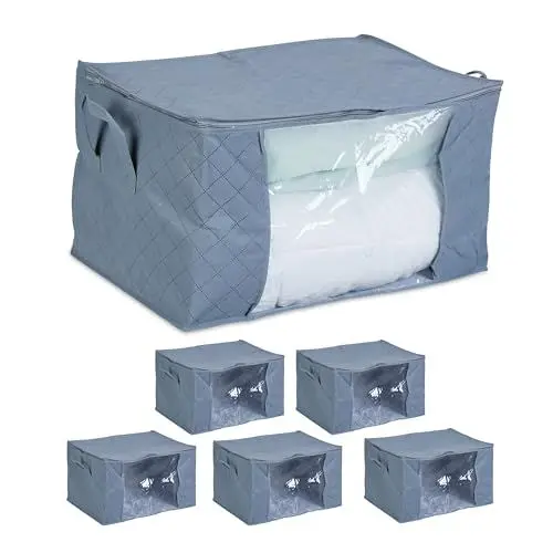 Produktbild: Relaxdays Aufbewahrungstasche 6er Set, Reißverschluss, Bettzeug, Kleidung, Unterbettkommode, HBT: 35 x 60 x 43 cm, grau