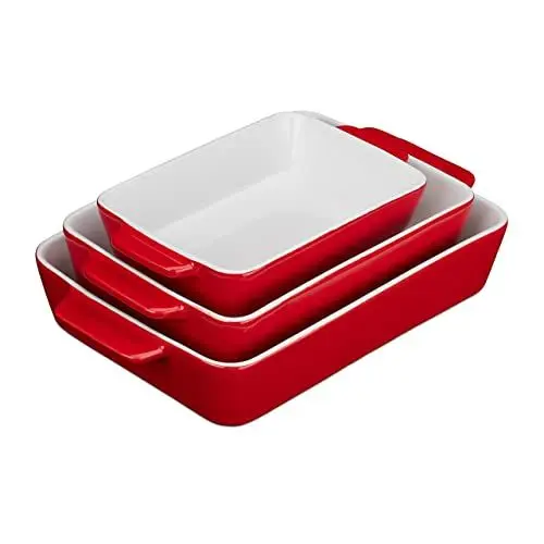 Produktbild: Relaxdays Auflaufform Set, 3 Größen, eckig, Keramik, spülmaschinenfest, Ofenschale, für Lasagne und Gratins, rot/weiß, 6 x 33 x 20 cm