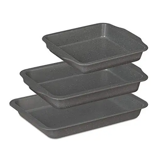 Produktbild: Relaxdays Auflaufform im 3er Set, antihaftbeschichtet, eckig, Lasagne, Hähnchen, 1,9, 3,3 & 4 Liter, Backofenform, grau