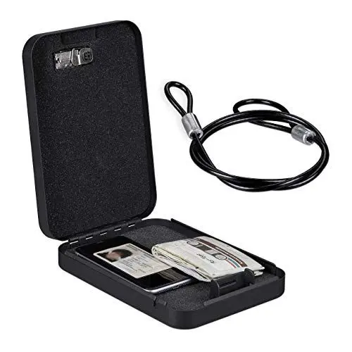 Produktbild: Relaxdays Autosafe mit Zahlenschloss, mobil, mit Sicherungskabel, Mini Tresor, Stahl, HxBxT: 4,5 x 17 x 24 cm, schwarz