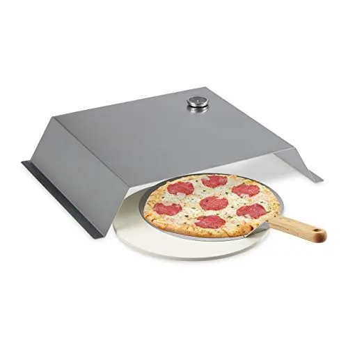 Produktbild: Relaxdays BBQ Pizzaaufsatz, mit Pizzastein & Schieber, Thermometer, Pizza Grillaufsatz, Edelstahl, 10x55,5x40 cm, Silber