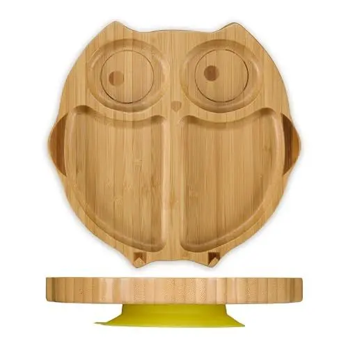 Produktbild: Relaxdays Baby Teller mit Saugnapf, Bambus, Motiv Eule, rutschfest, BPA-frei, Beikost, unterteilter Kinderteller, natur
