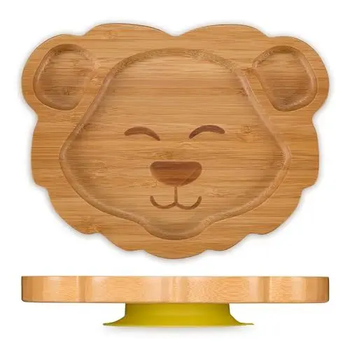 Produktbild: Relaxdays Baby Teller mit Saugnapf, Bambus, Motiv Löwe, rutschfest, BPA-frei, Beikost, unterteilter Kinderteller, natur