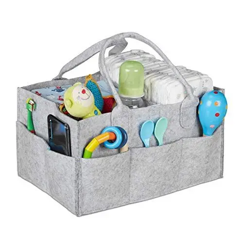 Produktbild: Relaxdays Baby Windel Caddy, 11 Fächer, entnehmbare Trenner, tragbare Filztasche, Auto & Wickeltisch Organizer, hellgrau, Gellgrau