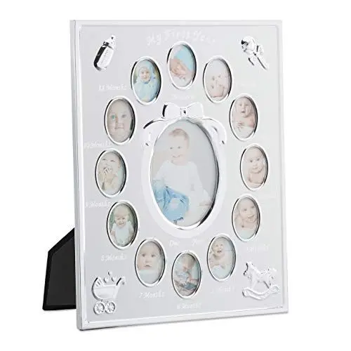 Produktbild: Relaxdays Babybilderrahmen, first year, Monatsbilderrahmen Alu, 12 Monate, 29 x 24 cm, Collage zum Aufstellen, Weiß Standard