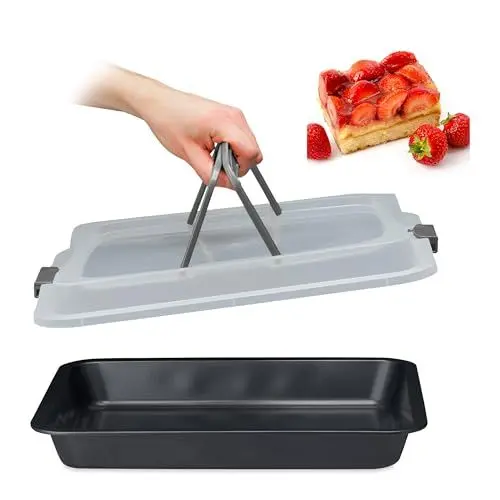 Produktbild: Relaxdays Backblech mit Deckel, 3in1 Kuchen Transportbox, BxT 40,5 x 32,5 cm, rechteckige Backform, Transporthaube, grau