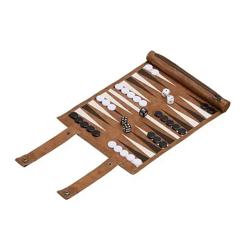 Produktbild: Relaxdays Backgammon, Reisespiel zum Aufrollen, inkl. Zubehör, Spielfeld BxT: 32 x 26 cm, Lederoptik, Brettspiel, braun