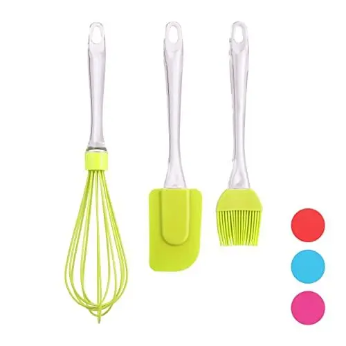 Produktbild: Relaxdays Backpinsel Set, 3-teiliges Backset mit Kochpinsel, Teigschaber & Schneebesen, Backzubehör aus Silikon, grün