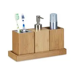 Produktbild: Relaxdays Bad-Accessoires-Set 4-teilig, Bambus, Zahnbürstenhalter, Seifenspender, Seifenablage, Behälter,natur