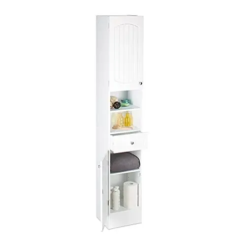 Produktbild: Relaxdays Bad Hochschrank, zweitüriger Holz Badschrank mit Schublade, Lamellen, HxBxT: 173,5 x 30,5 x 32 cm, weiß