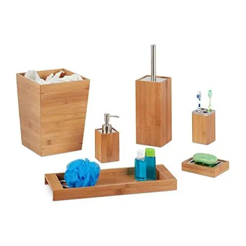 Produktbild: Relaxdays Bad Set, 6-teilig, Bambus, Seifenspender, Seifenhalter, Bürstenhalter, Zahnputzbecher, Ablage, Badeimer, natur, 20 x 20 x 26,5 cm