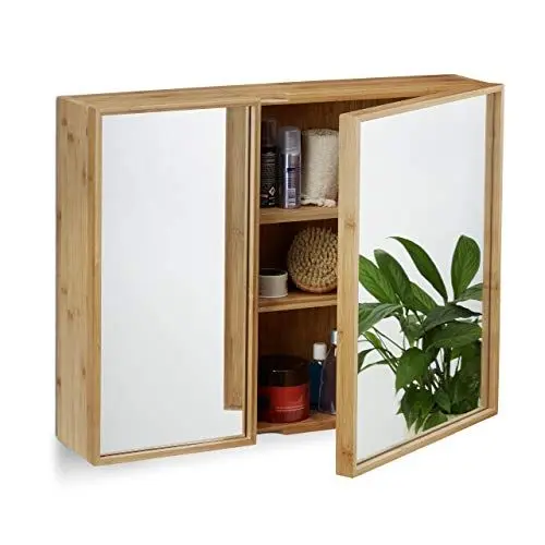 Produktbild: Relaxdays Bad Spiegelschrank 2-türig, Wandschrank aus Bambus, vormontierter Badschrank HxBxT: 50 x 65 x 14 cm, natur