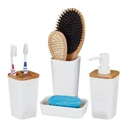 Produktbild: Relaxdays Badaccessoires Set, 4 teilig, modern, Zahnputzbecher, Seifenschale & Seifenspender, Kunststoff & Bambus, weiß, 17,5 x 7 x 7 cm