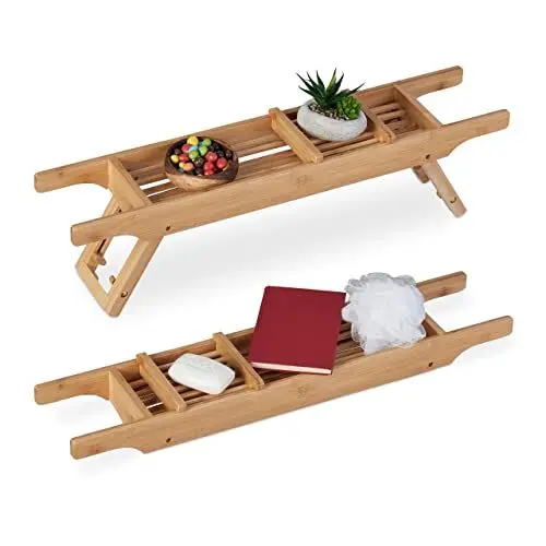 Produktbild: Relaxdays Badewannenablage Bambus, 69 cm breit, ausklappbare Füße, Badewannenbrett mit Seifenablage, Wannenablage, Natur