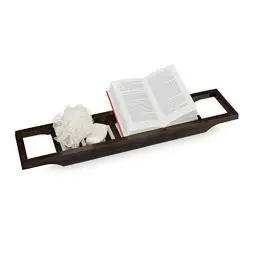 Produktbild: Relaxdays Badewannenablage Bambus, 70 cm breit, Badewannenbrett zum Einhängen, Badewannenzubehör Tablett, Dunkelbraun, 100%, 1 Stück