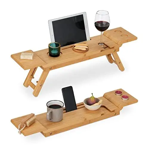 Produktbild: Relaxdays Badewannenablage Bambus, 70cm breit, Badetablett für Glas, Handy, Tablet, Badewannenbrett zum Einhängen, natur