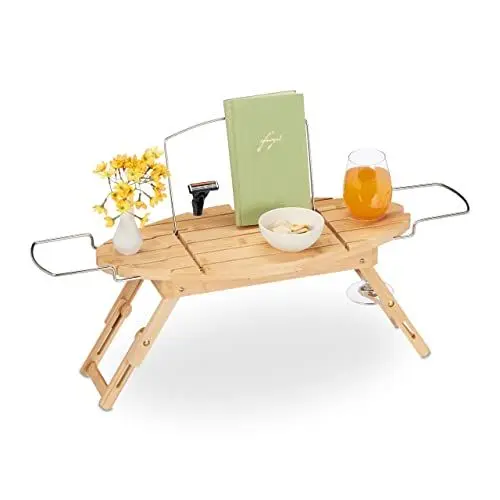 Produktbild: Relaxdays Badewannenablage Bambus & Metall, ausziehbar, 69-90 cm, Buchstütze, Weinglashalter, Badebrett mit Füßen, Natur