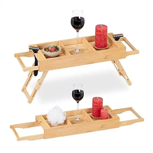 Produktbild: Relaxdays Badewannenablage Bambus, ausziehbar 67,5-101 cm, Badewannenbrett mit Füßen, 3 Fächer & 2 Rasiererhalter, Natur