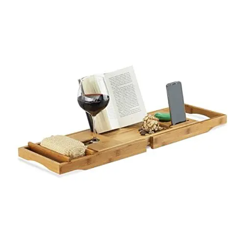 Produktbild: Relaxdays Badewannenablage Bambus, ausziehbares Badewannenbrett mit Buchstütze und Glashalter, HBT: 19x107,5x23cm, natur