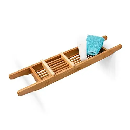 Produktbild: Relaxdays Badewannenablage aus Bambus HxBxT: ca. 6,5 x 69 x 14 cm Badewannenbrücke mit verstellbarer Seifenschale Badewannenbrett als Wannenregal und Badewannenbutler praktischer Wannenaufsatz, natur