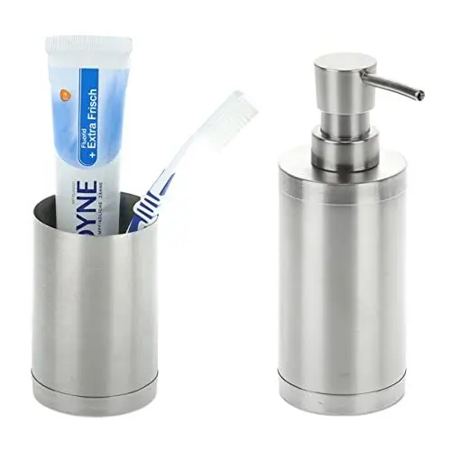 Produktbild: Relaxdays Badezimmer Set, 2-teilig, Seifenspender, Zahnputzbecher, Badaccessoires, Zahnbürstenhalter, Edelstahl, Silber